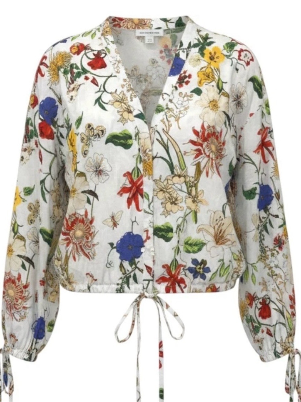 Marc New York Button Down Floral Drawstring Hem Women's Blouse-White Multicolor